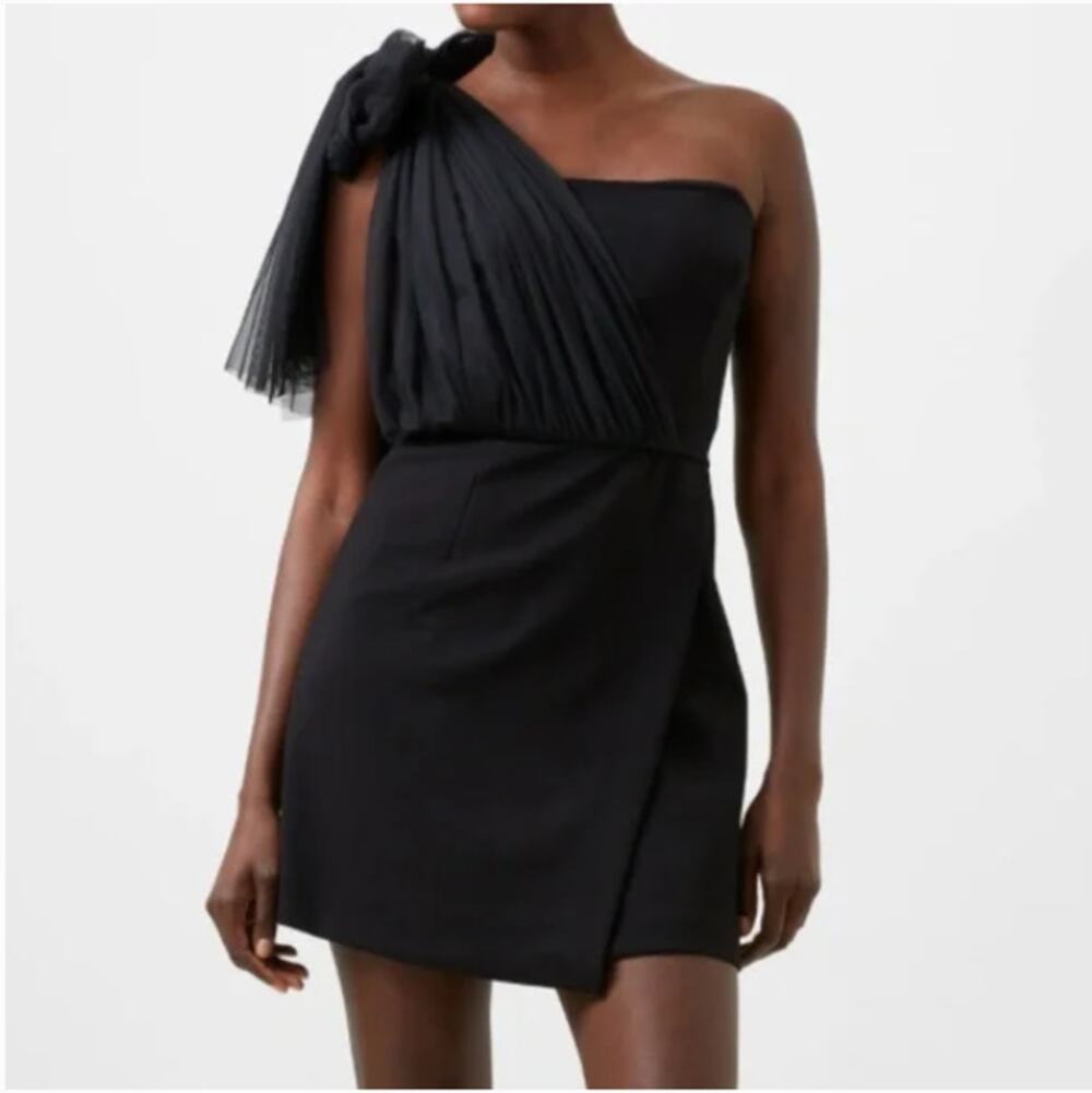 French Connection Black Whisper Mini Dress With Tulle Size 4 NEW $158